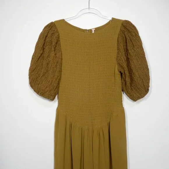 FREE PEOPLE Temperley Puff Sleeve JUMPSUIT Size S Ruched Wide Leg Olive NEW $228 - Picture 5 of 9